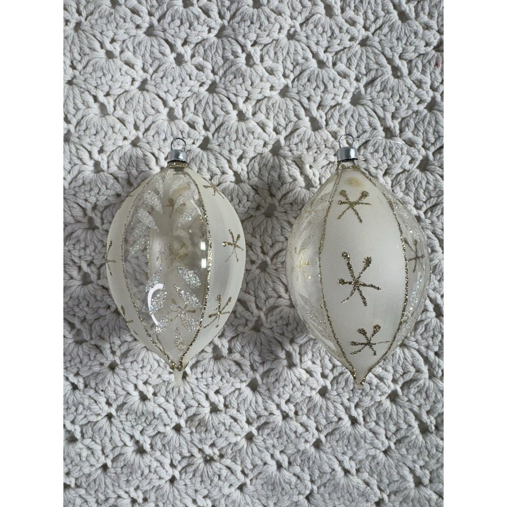 2 Hand Blown Art Glass Ornaments Clear Embellished Tear Drop Christmas Vintage